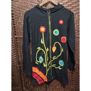 Allen Simplement Black Floral Applique‎ Zip Up Hoodie Jacket - Size M